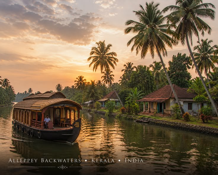 Traditional wooden houseboat floating on serene Kerala backwaters at golden sunset with coconut palm trees and reflections, Alleppey