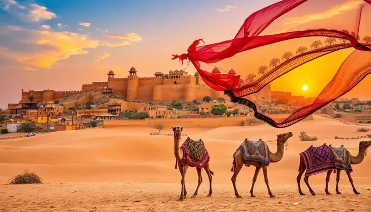 Camel caravan silhouetted against golden sunset in Jaisalmer desert with golden sand dunes and clear blue sky, Rajasthan India